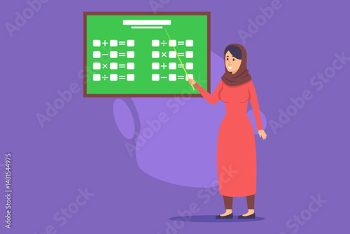 Teacher in traditional dress using pointer to explain mathematical problems on green board. Classroom environment for learning and engagement