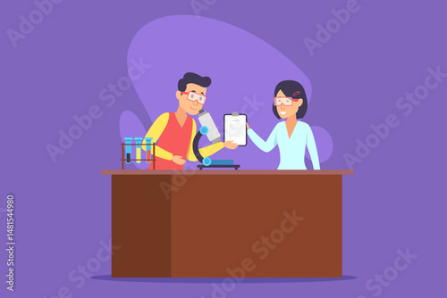 Two educators interacting at classroom desk, sharing clipboard and discussing science topics. Microscope and test tubes highlighting engaging learning environment