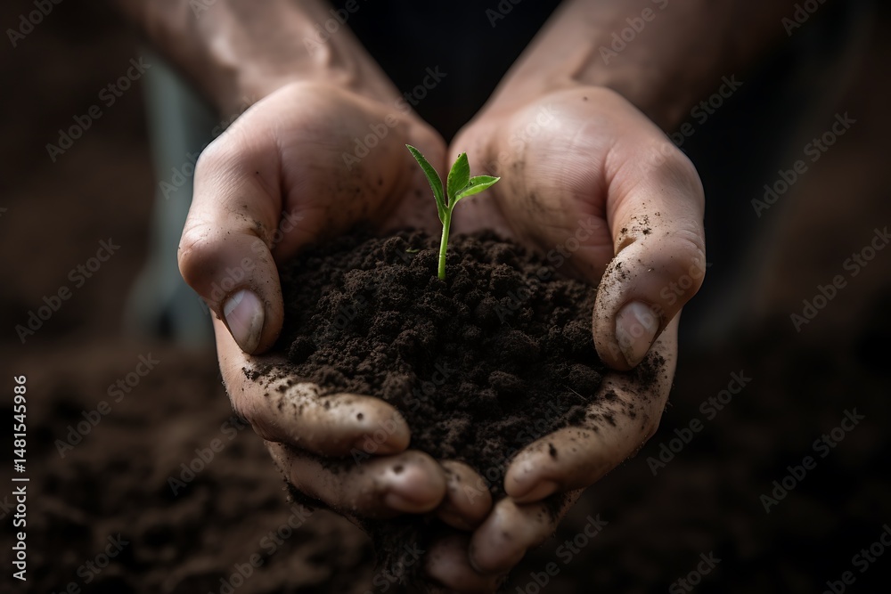 Hands holding young plant sprout. Hands holding young plant sprout.