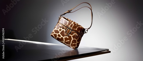 Fashion handbag with giraffe pattern floating above a dark surface  