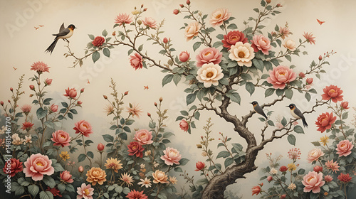 Chinese rose tree, plants, birds mural. Chinoiserie wallpaper.