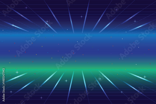 Retro cyberpunk pixel art game scene from the 80s. Dark blue 8-bit sci-fi background. Glowing neon grid and stars from a vintage arcade computer game.