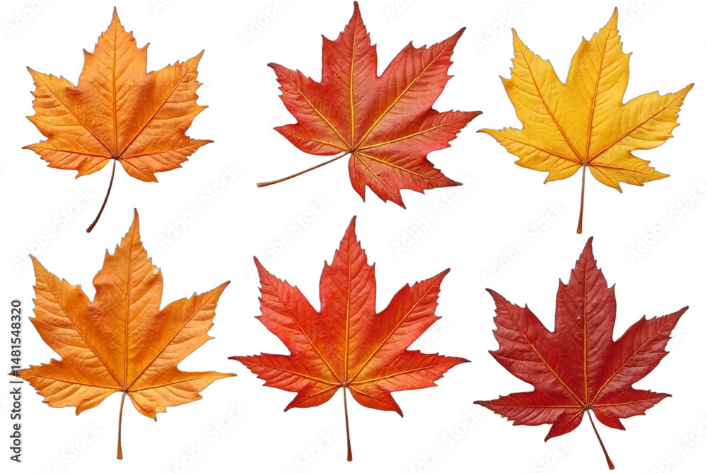 Fototapeta premium Detailed hyper-realistic fall leaves collection, warm autumn colors, macro view, arranged in a grid, isolated on transparent background. Great for seasonal design, Thanksgiving, harvest,