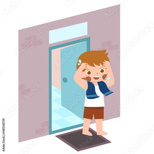Boy drying hair after bath, standing on mat in front of open bathroom door, cartoon illustration.