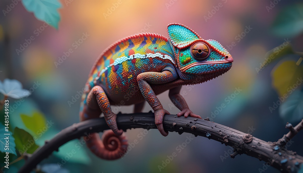 Fototapeta premium A colorful chameleon perched on a branch with a blurred background of leaves and a dreamy color palette