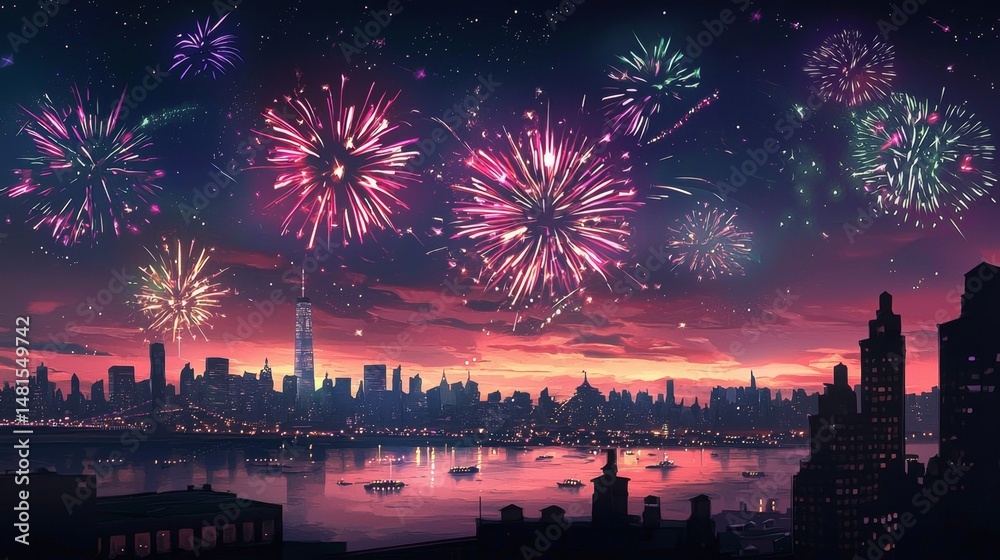 Fototapeta premium The city skyline is transformed by a stunning light painting of fireworks.