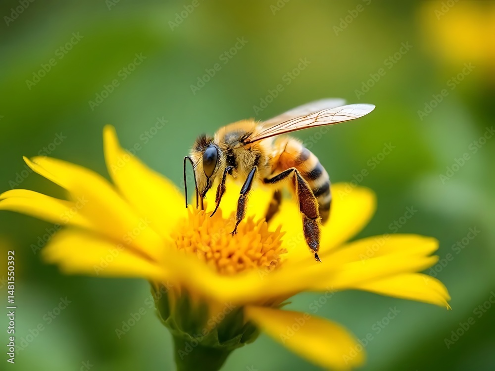 Close-up of honeybee on yellow flower, macro shot, collecting pollen, vivid colors, blurred background, detailed wings, natural lighting, shallow depth of field Close-up of honeybee on yellow flower, macro shot, collecting pollen, vivid colors, blurred background, detailed wings, natural lighting, shallow depth of field