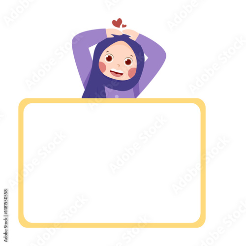 Smiling girl in hijab with heart gesture behind blank frame.