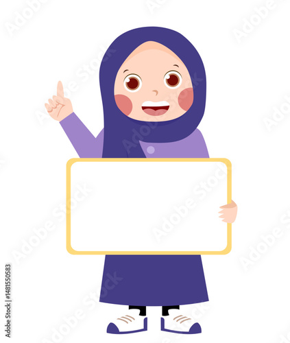 Smiling girl in hijab holding blank sign, pointing up.