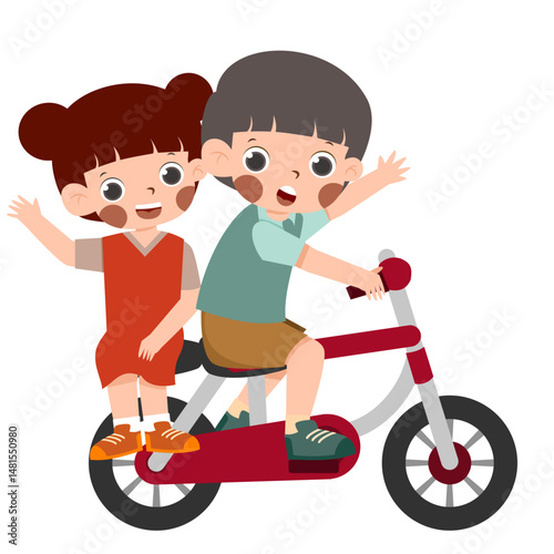 Cartoon Kids Riding Tandem Bike, Waving, Friendship, Happy Childhood Illustration