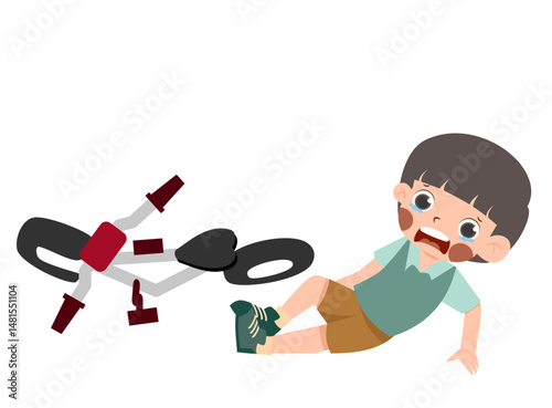 Upset Boy Fallen Off Bike: Cartoon Illustration of Childhood Accident.