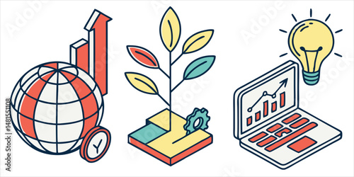 Isometric business growth and innovation icons featuring global market, growing plant, and data analysis on a laptop