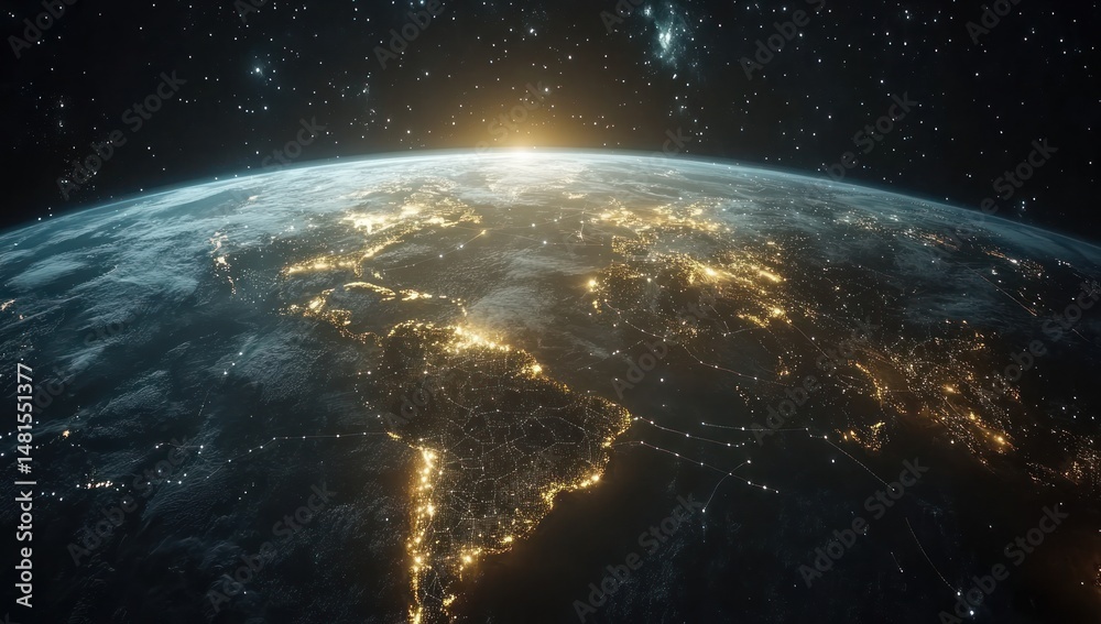 Obraz premium Earth at dawn, continents lit by city lights, seen from space