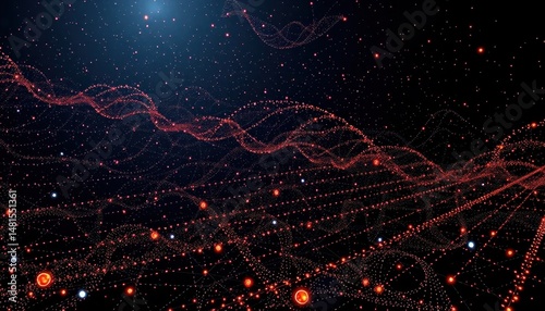 Abstract red data streams and network connections on black background