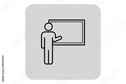 Simple line icon of educator presenting information in front of classroom board. Teaching and learning in educational setting concept
