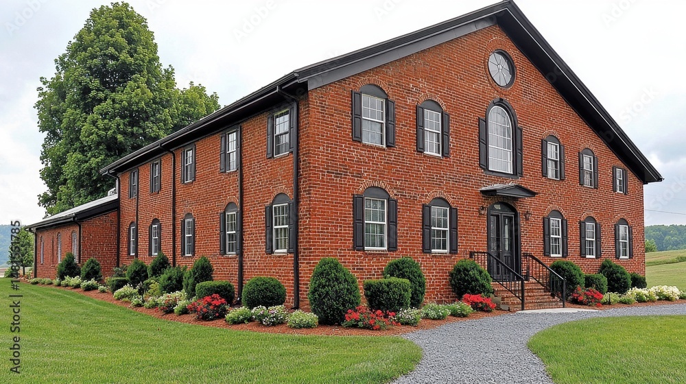 Fototapeta premium Red Brick House with Black Shutters and Landscaped Garden