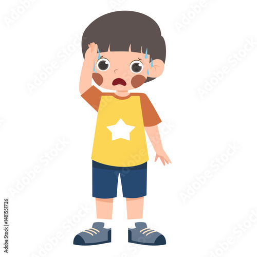Anxious boy sweating, hand to forehead, cartoon illustration.