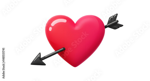 3D heart emoji pierced by a black arrow on white background, symbol of love, romance, and Valentine's Day