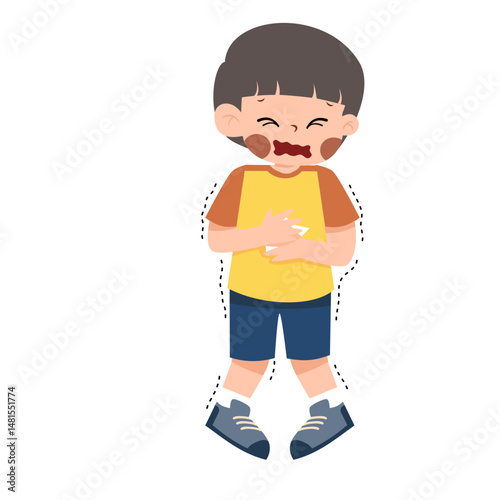 Shivering Boy with Stomach Ache, Cartoon Style.