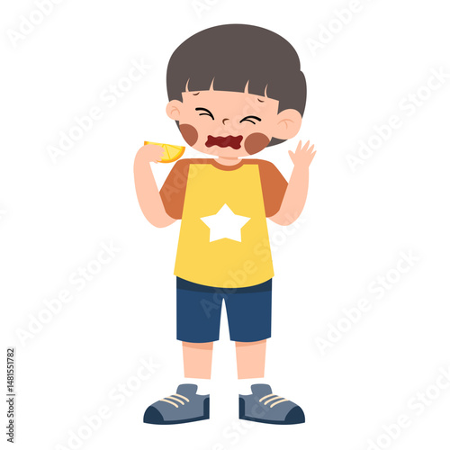 Sour face: Boy reacts to a lemon slice, cartoon illustration.