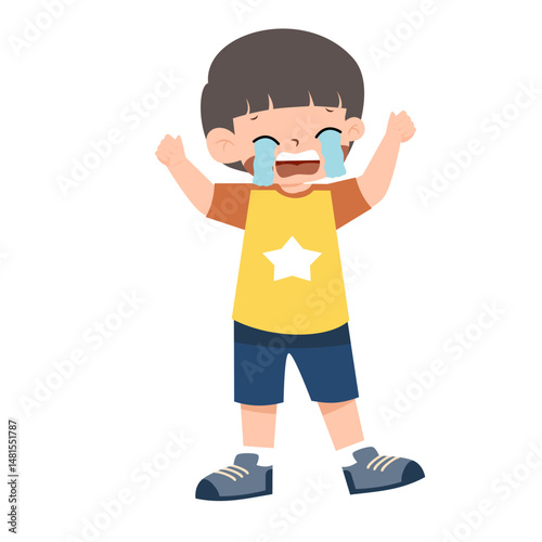Cartoon Boy Crying, Arms Raised, Tears Streaming, Star Shirt, Isolated.
