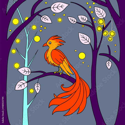 Cute mini Phoenix with fiery feathers in a magical forest, vibrant vector fantasy bird illustration.