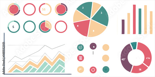 Set of infographic elements with various charts and graphs in a soft, muted color palette for data visualization