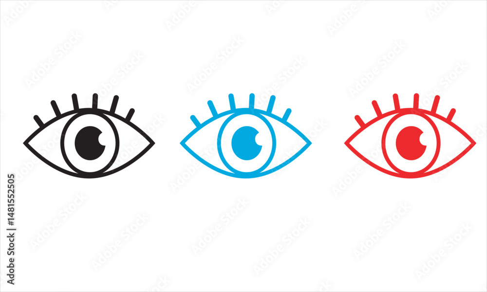 Obraz premium Modern Flat Line Icon Set of Human Eyes in Black, Blue, and Red, Simple Vector Graphic for Vision, Surveillance, and Observation Concepts, Minimalist Design for UI/UX and Digital Art