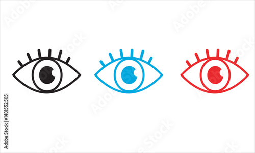 Modern Flat Line Icon Set of Human Eyes in Black, Blue, and Red, Simple Vector Graphic for Vision, Surveillance, and Observation Concepts, Minimalist Design for UI/UX and Digital Art