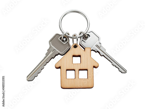 New house keys wooden home keychain real estate concept image lock rent on transparent background
