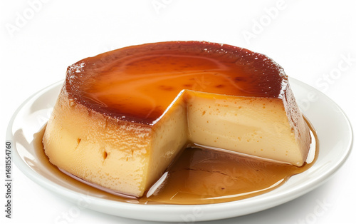 Creamy flan with a rich caramel topping on a white plate. A classic custard dessert.