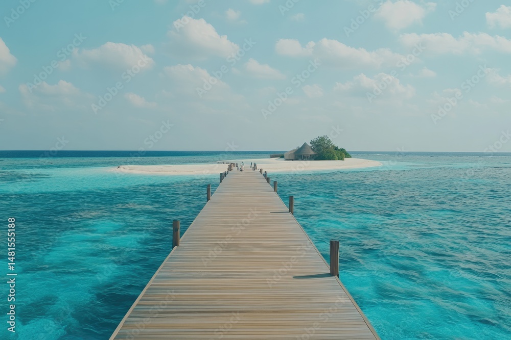 Obraz premium Tranquil wooden walkway to a tropical island paradise