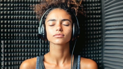 Relaxed woman listening to music in a sound booth enjoying audio experience with eyes closed studio recording session creative project focus concentration and tranquility in a quiet space