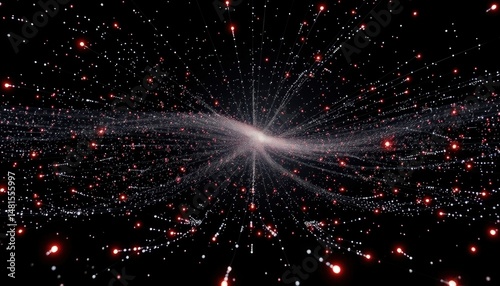 Abstract light burst with red glowing particles and data streams