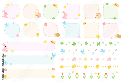春のフレームとラインセット　イラスト