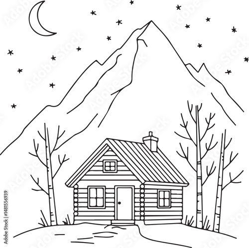 Winter forest cottage with a snowy roof, a cozy country home illustration