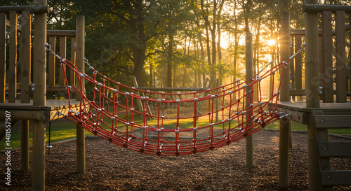 Golden Hour Playground: Red Rope Bridge in Sunlit Forest