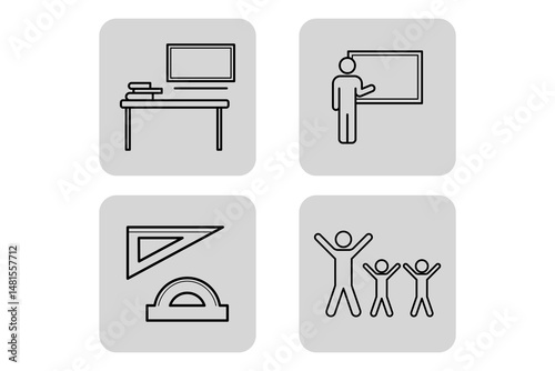 Collection of line icons representing essential elements of education, including desk, teaching, and learning tools. Classroom activities and engagement concept