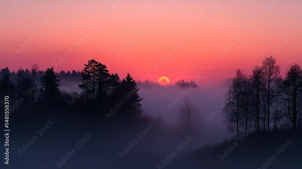Fototapeta premium Beautiful sunset over foggy trees and the vibrant sky above