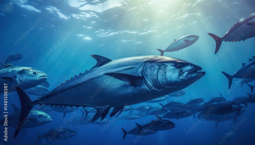 Fototapeta premium Swarm of Bluefin Tuna in the middle of the blue ocean