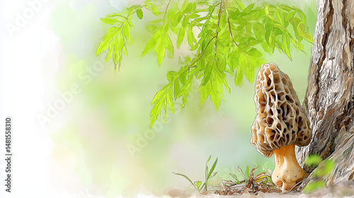 large morel mushroom growing next to a large tree with fresh green spring foliage in the background, empty space on the right side of the image for text