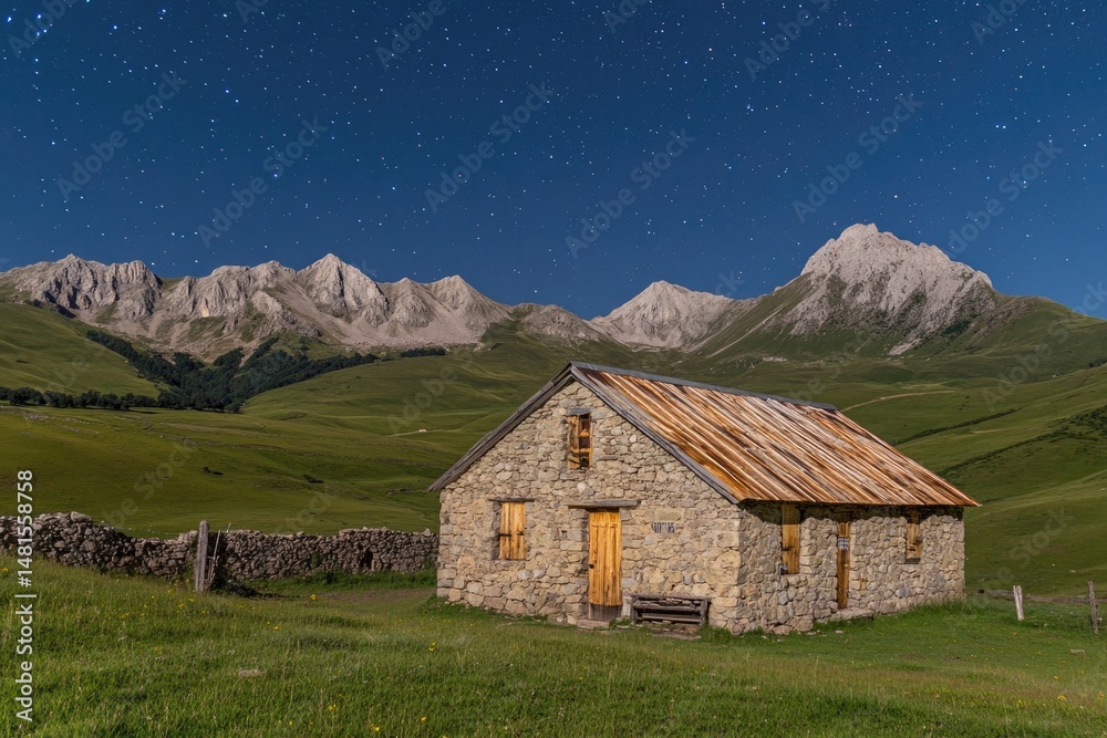 Obraz premium Rustic mountain hut under starry night sky
