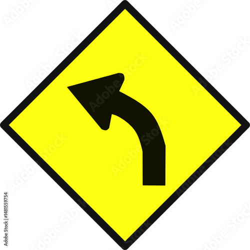 A yellow diamond traffic sign with a black curved arrow indicating a left turn ahead. Used to warn drivers of an upcoming change in direction or sharp turn.