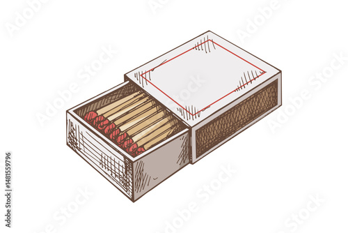 Hand drawn vintage colored sketch of matchbox and wooden matchsticks