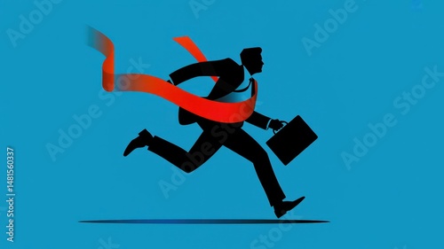 Stylized Digital Illustration of Silhouette Businessman Running with Red Ribbon Trail on Turquoise