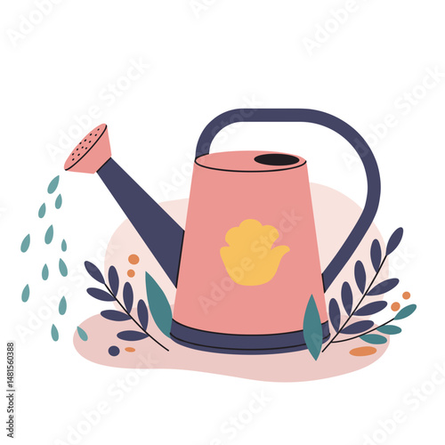 Colorful watering can surrounded by leaves and plants for gardening  