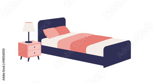 Modern bed with coral bedding and bedside lamp in minimalist style  