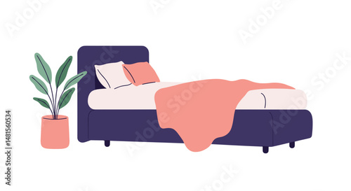 Cozy bed with coral blanket and potted plant in modern style  