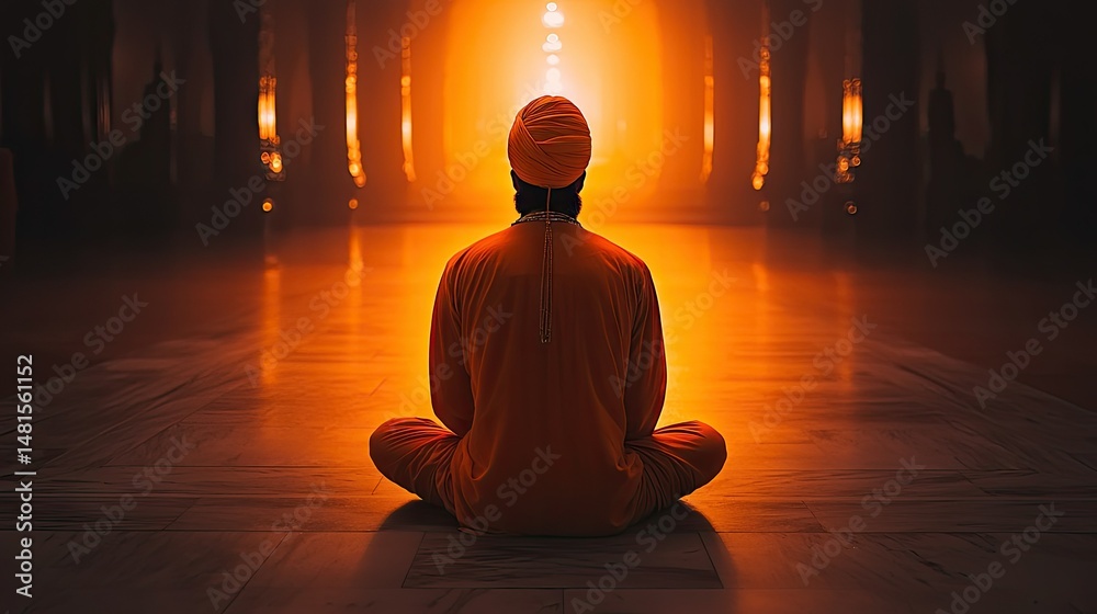 A person wearing orange robes sitting in a meditative pose A person wearing orange robes sitting in a meditative pose