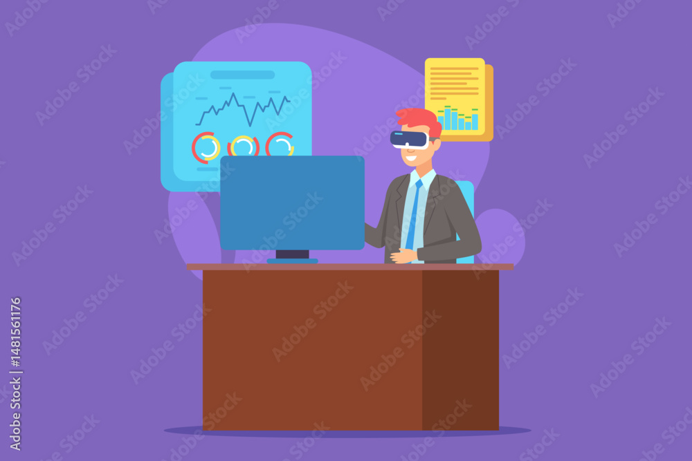 Man wearing virtual reality goggles sitting at desk in office, engaged with computer. Charts and graphs on wall, showcasing data analysis Man wearing virtual reality goggles sitting at desk in office, engaged with computer. Charts and graphs on wall, showcasing data analysis